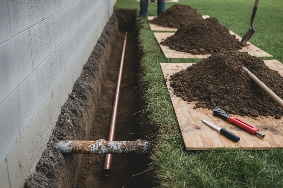 Excavated water line trench during Sewer Line Repair in Big Bend
